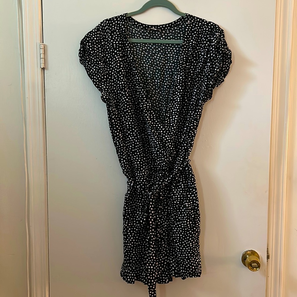 LOFT Black Polka Dot Romper with Ruffle Hem